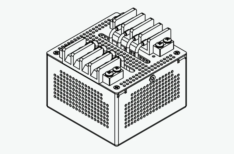 Line illustration of a 4-channel WCM700 RF filter showing the channels in a perforated enclosure
