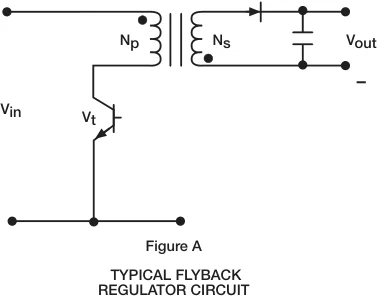 Typical flyback regulator circuit showing primary turns Np, secondary turns Ns, the switching transistor, and the output