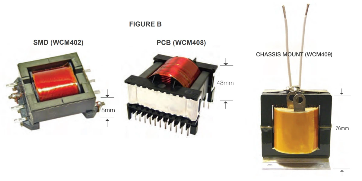 SMD, PCB, and chassis-mount SMPS transformers shown side by side