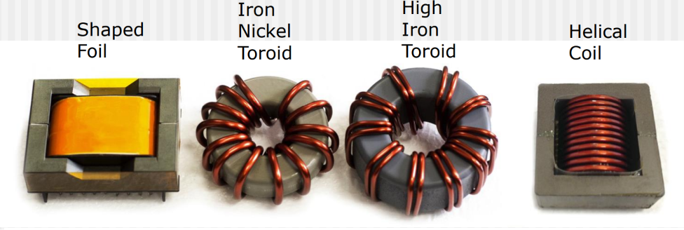 Four 10 uH, 55 A inductors built with different windings: shaped foil, iron-nickel toroid, high-iron toroid, and helical coil